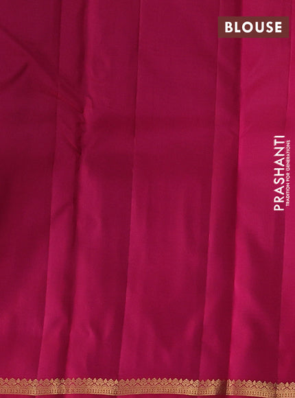 Kanchipuram silk saree cs blue and tomato pink with allover zari checks & buttas and rich zari woven border