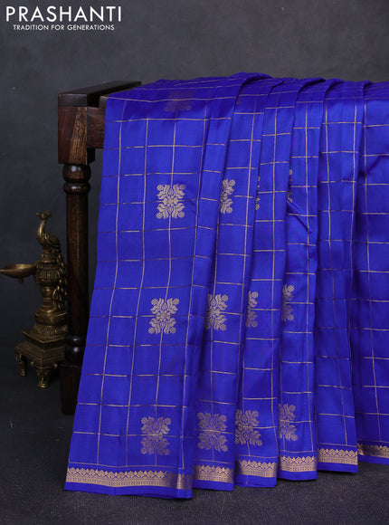 Kanchipuram silk saree royal blue and tomato pink with allover zari checks & buttas and rich zari woven border