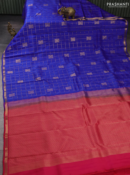 Kanchipuram silk saree royal blue and tomato pink with allover zari checks & buttas and rich zari woven border