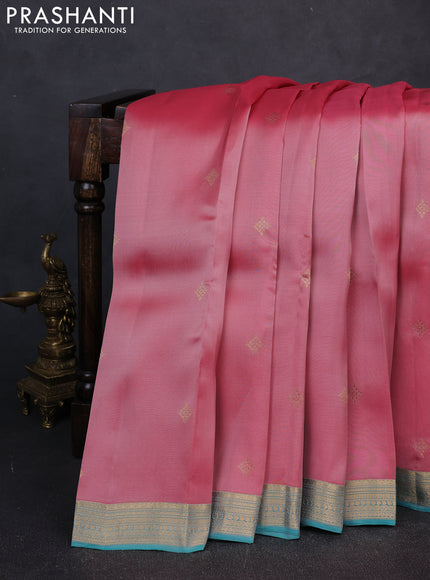 Kanchipuram silk saree pink shade and teal blue with zari woven buttas and zari woven border
