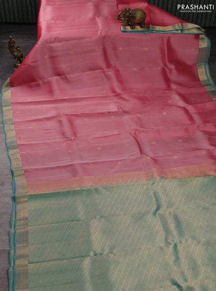 Kanchipuram silk saree pink shade and teal blue with zari woven buttas and zari woven border