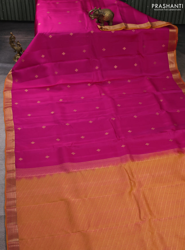 Kanchipuram silk saree pink and mustard yellow with zari woven buttas and zari woven border