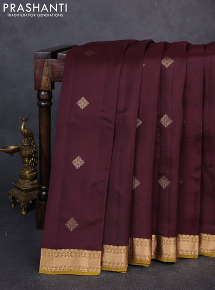 Kanchipuram silk saree coffee brown and mustard green with zari woven buttas and zari woven border