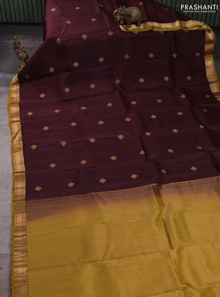 Kanchipuram silk saree coffee brown and mustard green with zari woven buttas and zari woven border