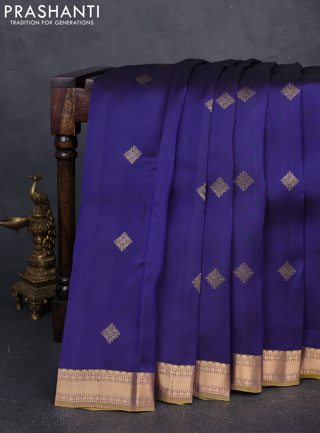 Kanchipuram silk saree navy blue and mustard green with zari woven buttas and zari woven border