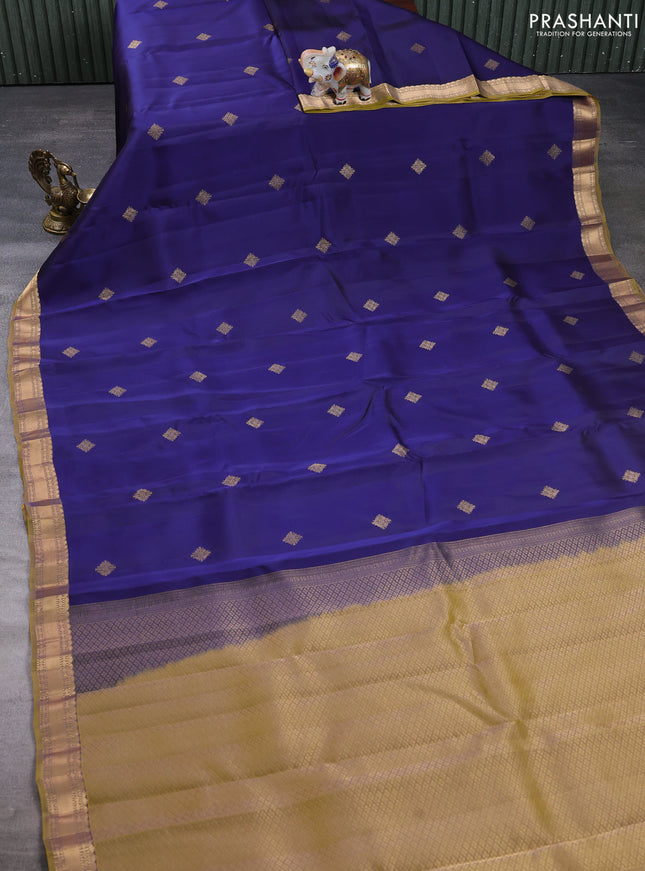 Kanchipuram silk saree navy blue and mustard green with zari woven buttas and zari woven border