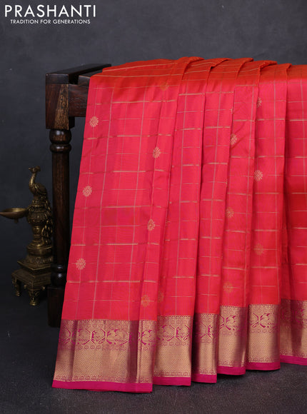 Kanchipuram silk saree dual shade of pinkish orange and pink with allover zari checks & buttas and rich zari woven border