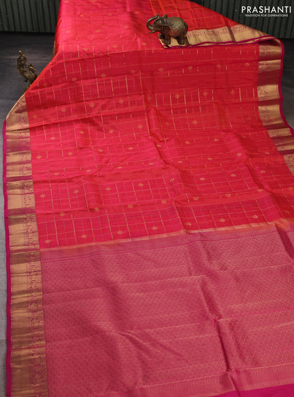 Kanchipuram silk saree dual shade of pinkish orange and pink with allover zari checks & buttas and rich zari woven border