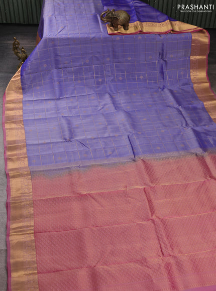 Kanchipuram silk saree lavender and pink with allover zari checks & buttas and rich zari woven border