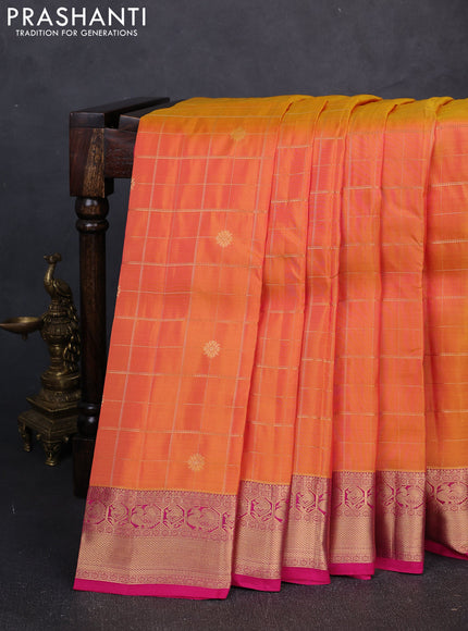 Kanchipuram silk saree dual shade of pinkish yellow and pink with allover zari checks & buttas and rich zari woven border