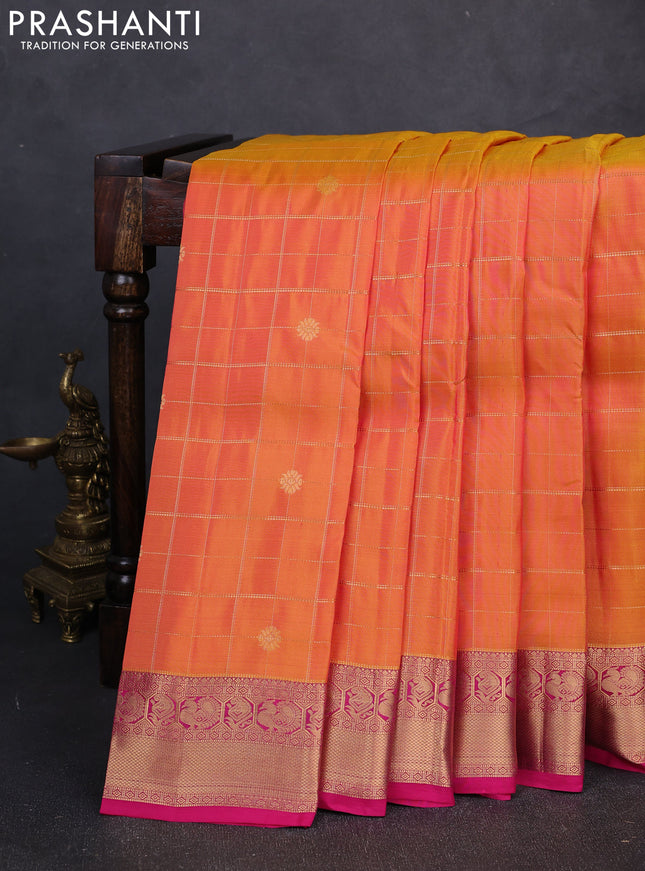Kanchipuram silk saree dual shade of pinkish yellow and pink with allover zari checks & buttas and rich zari woven border