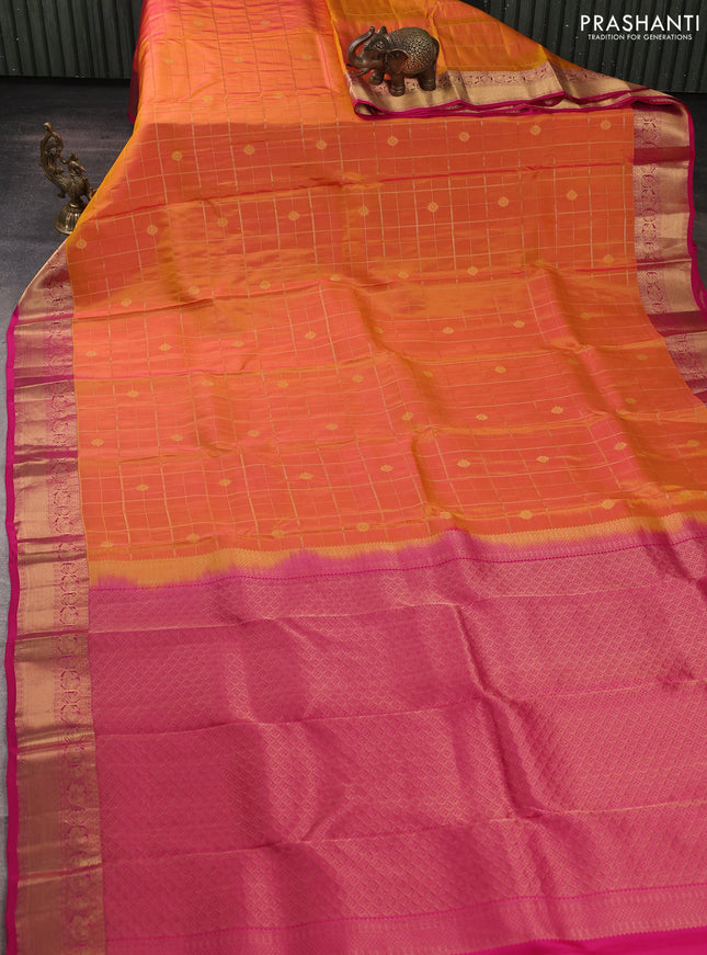 Kanchipuram silk saree dual shade of pinkish yellow and pink with allover zari checks & buttas and rich zari woven border