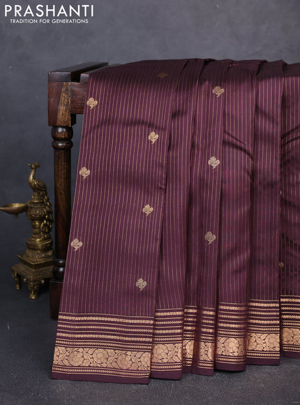 Kanchipuram silk saree coffee brown with allover zari woven stripes & buttas and zari woven border