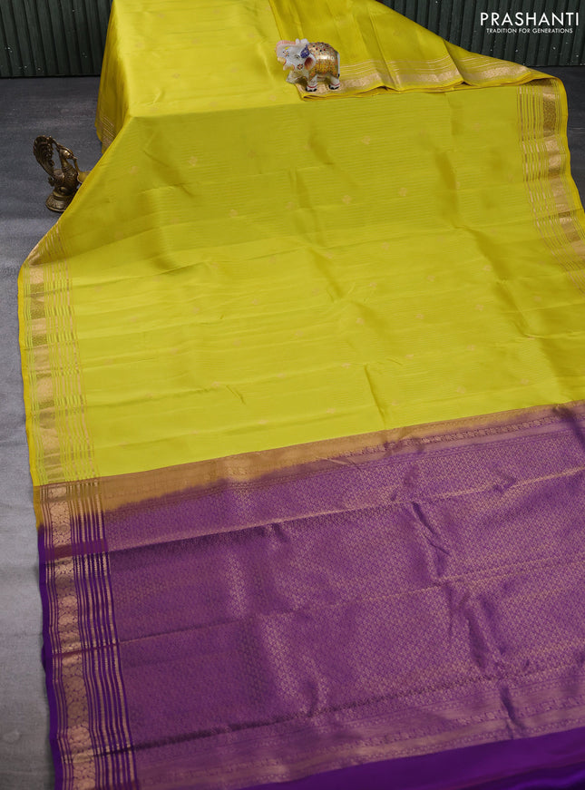 Kanchipuram silk saree lime green and violet with allover zari woven stripes & buttas and zari woven border