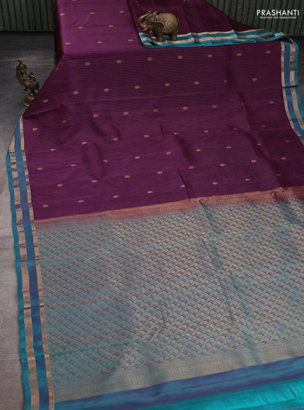 Kanchipuram silk saree deep purple and peacock green with allover zari woven stripes & buttas and zari woven border