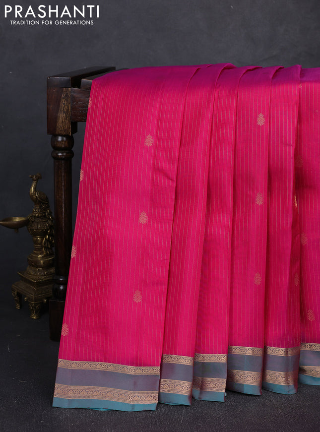 Kanchipuram silk saree pink and dual shade of teal green with allover zari woven stripes & buttas and zari woven border