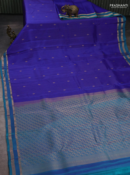 Kanchipuram silk saree royal blue and peacock blue with allover zari woven stripes & buttas and zari woven border