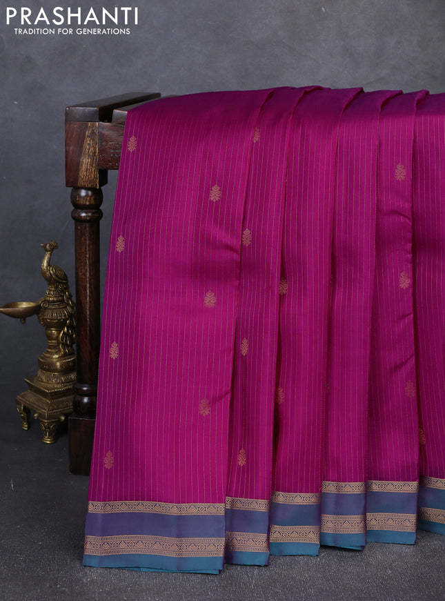 Kanchipuram silk saree pink and dual shade of pinkish green with allover zari woven stripes & buttas and zari woven border