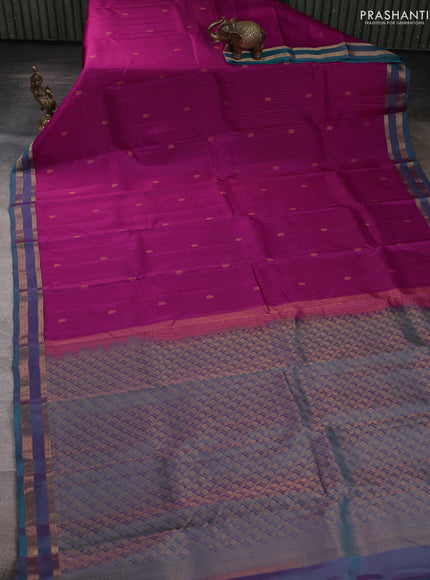 Kanchipuram silk saree pink and dual shade of pinkish green with allover zari woven stripes & buttas and zari woven border