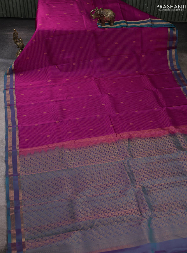 Kanchipuram silk saree pink and dual shade of pinkish green with allover zari woven stripes & buttas and zari woven border