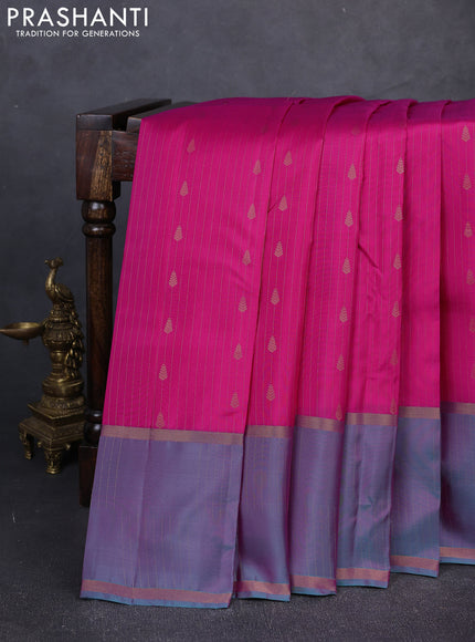 Kanchipuram silk saree pink and dual shade of pinkish green with allover zari woven stripes & buttas and rettapet zari woven butta border