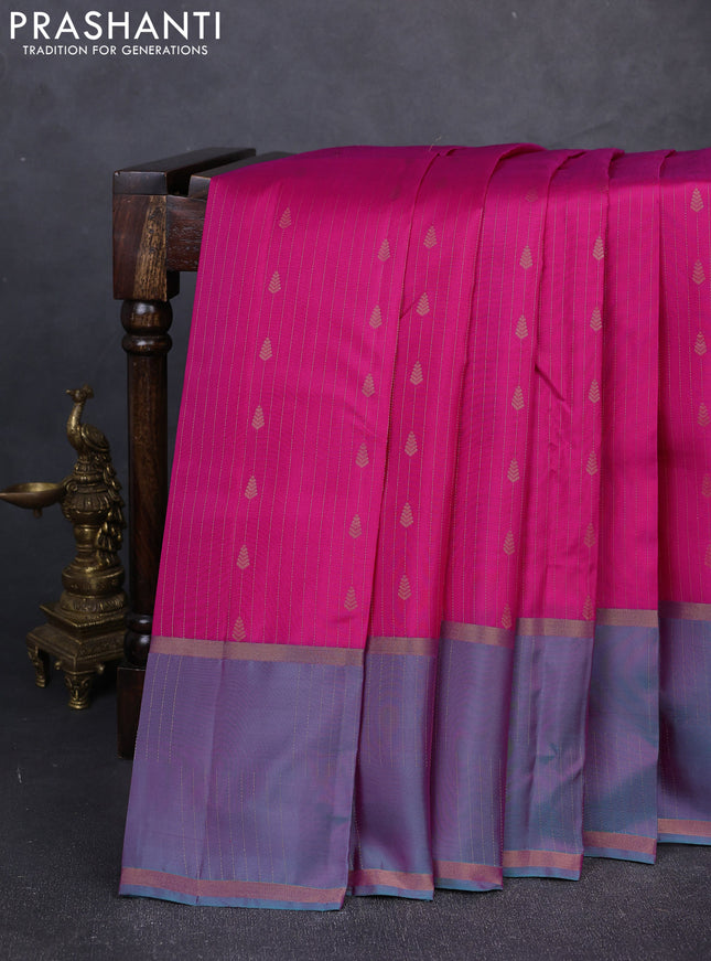 Kanchipuram silk saree pink and dual shade of pinkish green with allover zari woven stripes & buttas and rettapet zari woven butta border