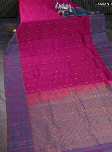 Kanchipuram silk saree pink and dual shade of pinkish green with allover zari woven stripes & buttas and rettapet zari woven butta border