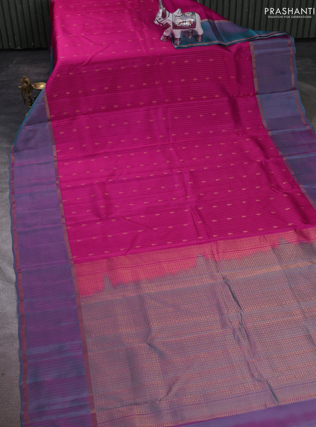 Kanchipuram silk saree pink and dual shade of pinkish green with allover zari woven stripes & buttas and rettapet zari woven butta border