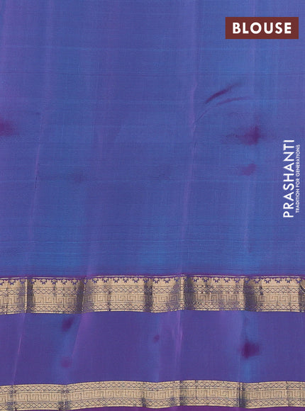 Kanchipuram silk saree teal blue and dual shade of purple with allover zari checked pattern and rettapet zari woven border