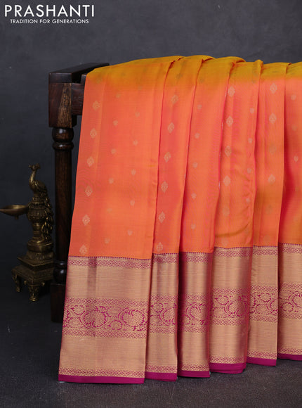 Kanchipuram silk saree sunset orange and magenta pink with allover zari woven buttas and long zari woven border