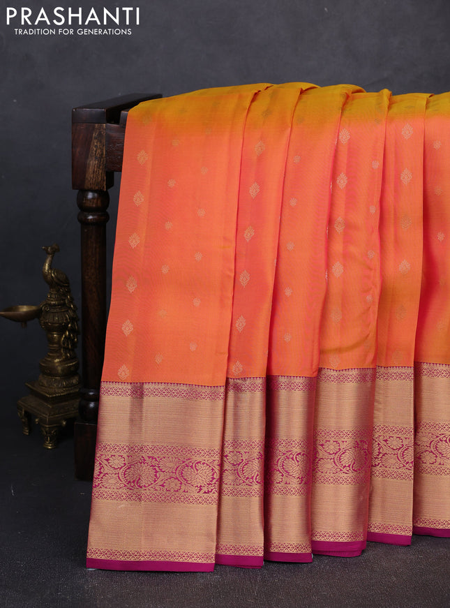 Kanchipuram silk saree sunset orange and magenta pink with allover zari woven buttas and long zari woven border