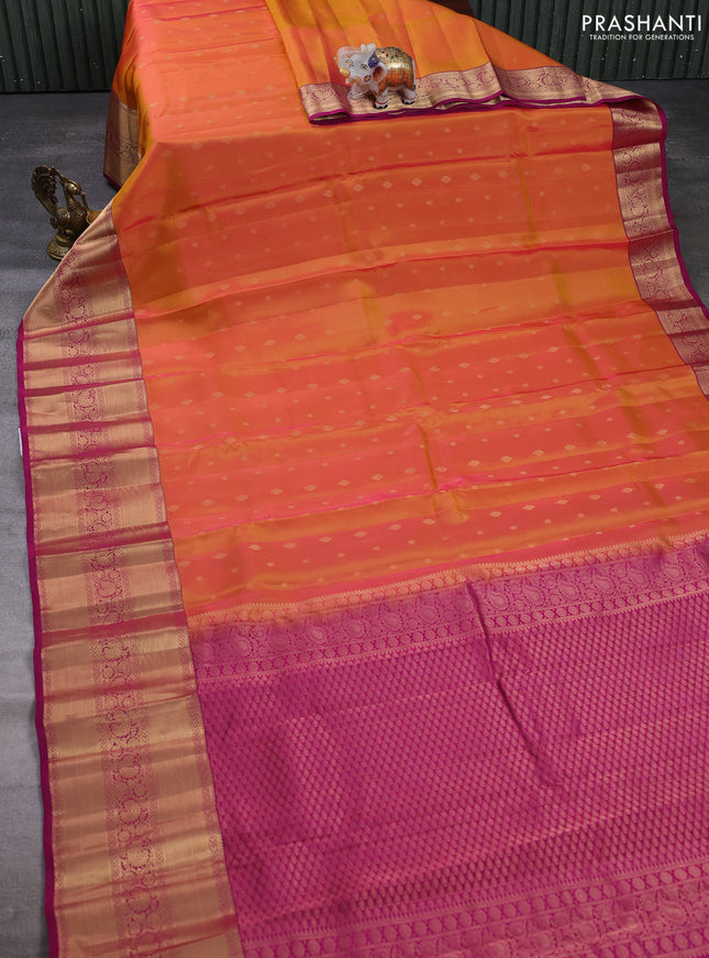 Kanchipuram silk saree sunset orange and magenta pink with allover zari woven buttas and long zari woven border