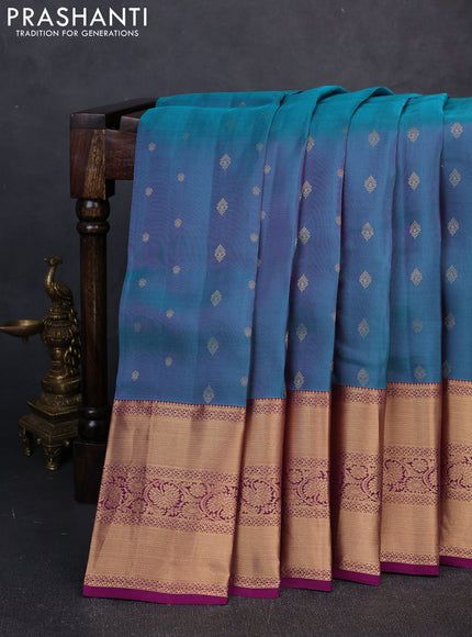 Kanchipuram silk saree peacock blue and purple with allover zari woven buttas and long rich zari woven border
