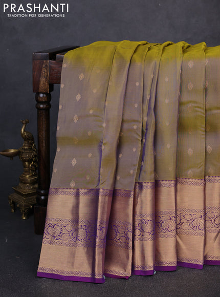 Kanchipuram silk saree mustard green and purple with allover zari woven buttas and long rich zari woven border