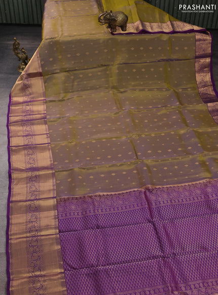Kanchipuram silk saree mustard green and purple with allover zari woven buttas and long rich zari woven border