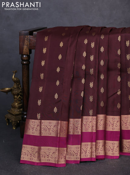 Kanchipuram silk saree coffee brown and magenta pink with allover zari woven buttas and rettapet zari woven border