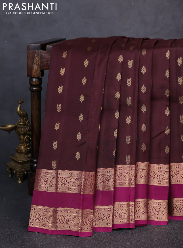 Kanchipuram silk saree coffee brown and magenta pink with allover zari woven buttas and rettapet zari woven border