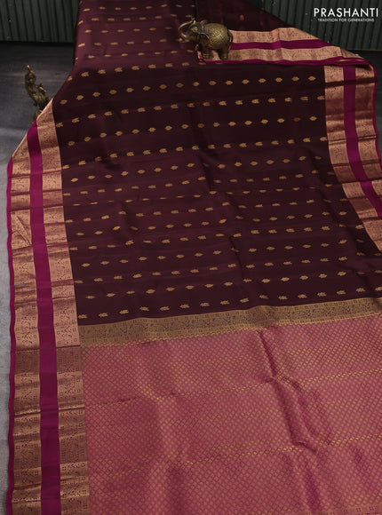 Kanchipuram silk saree coffee brown and magenta pink with allover zari woven buttas and rettapet zari woven border
