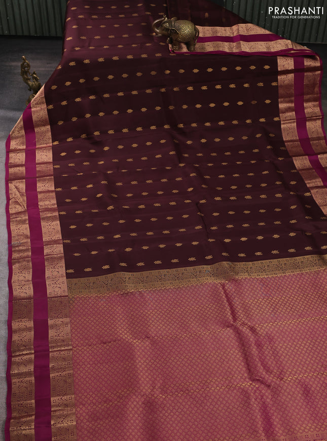 Kanchipuram silk saree coffee brown and magenta pink with allover zari woven buttas and rettapet zari woven border