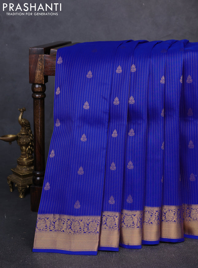 Kanchipuram silk saree royal blue and red with allover zari woven stripes & buttas and zari woven simple border