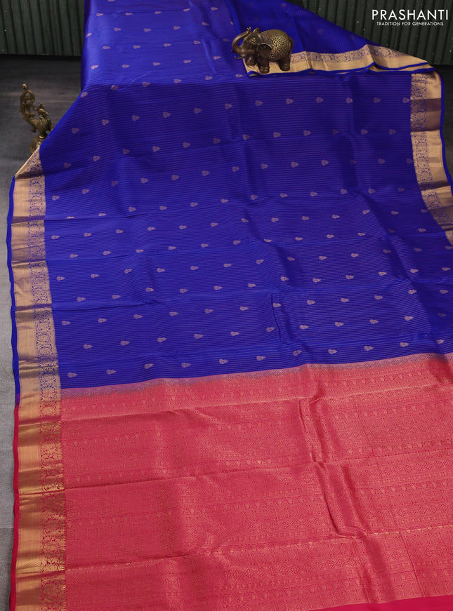 Kanchipuram silk saree royal blue and red with allover zari woven stripes & buttas and zari woven simple border