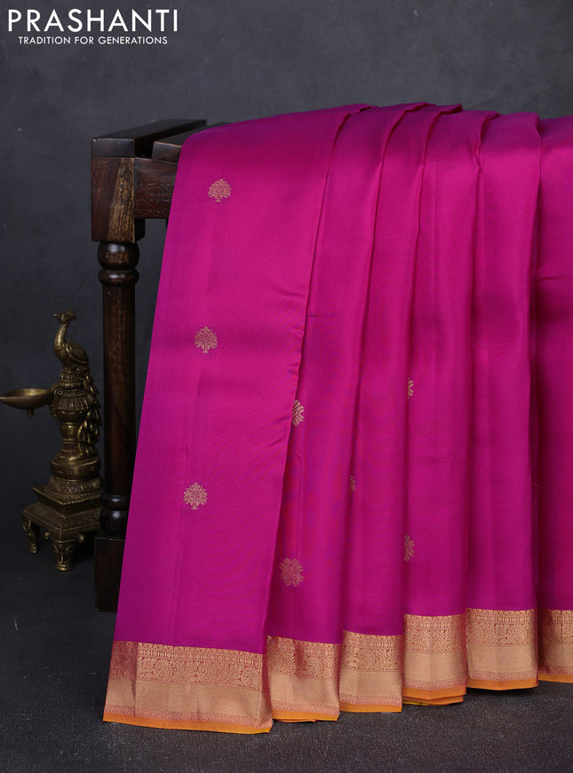 Kanchipuram silk saree pink and mustard yellow with zari woven buttas and rich zari woven border