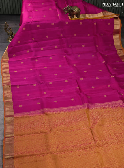 Kanchipuram silk saree pink and mustard yellow with zari woven buttas and rich zari woven border