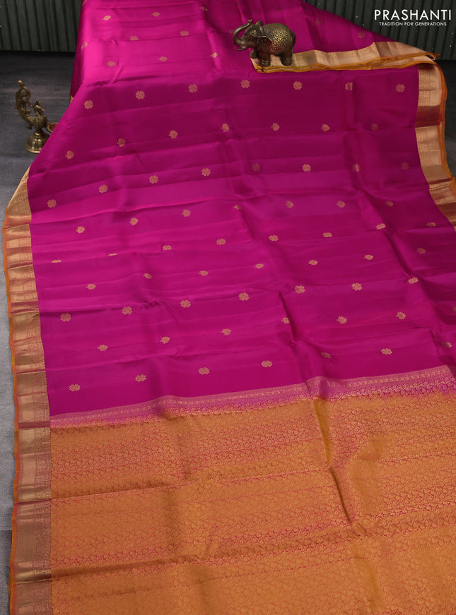 Kanchipuram silk saree pink and mustard yellow with zari woven buttas and rich zari woven border