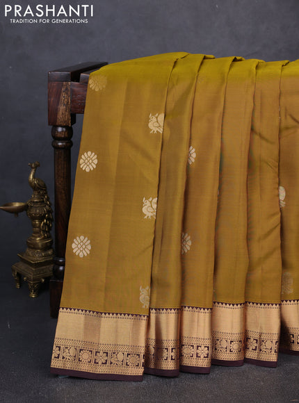 Kanchipuram silk saree mustard green and coffee brown with zari woven buttas and rich zari woven border