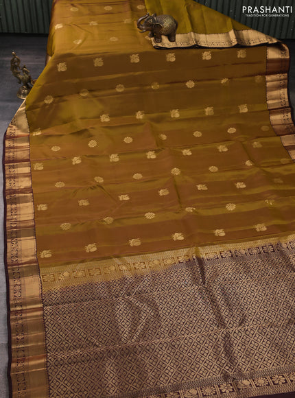 Kanchipuram silk saree mustard green and coffee brown with zari woven buttas and rich zari woven border