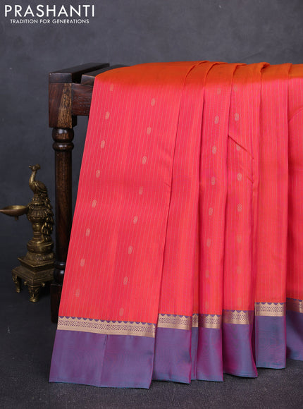 Kanchipuram silk saree red and dual shade of pinkish green with allover zari woven stripes & buttas and zari woven simple border