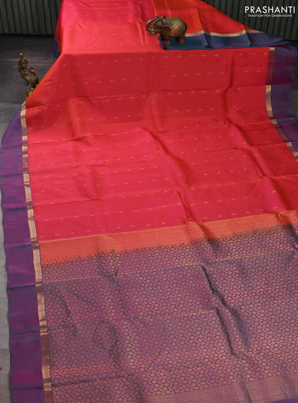 Kanchipuram silk saree red and dual shade of pinkish green with allover zari woven stripes & buttas and zari woven simple border