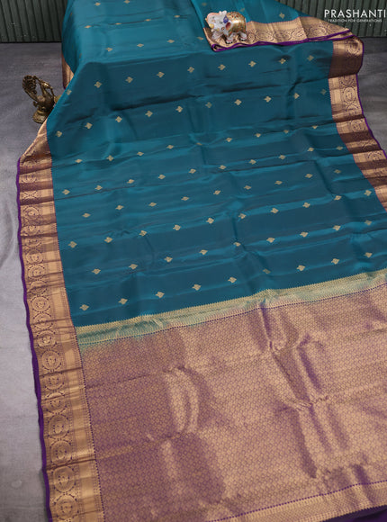 Kanchipuram silk saree peacock green and purple with zari woven buttas and zari woven border