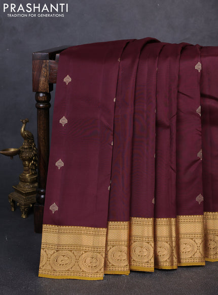 Kanchipuram silk saree coffee brown and mustard green with zari woven buttas and zari woven border
